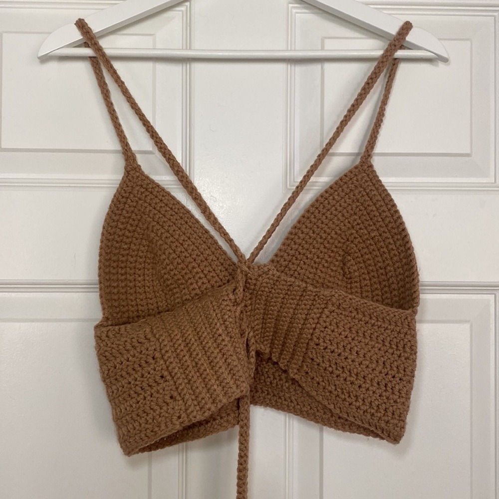 Handmade Crochet Knit Top Small Tan Brown Pink Lace Up Back Festival Boho - Picture 3 of 5